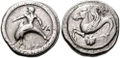 Antieke munt uit circa 500-480 BC met daarop afgebeeld Taras een Griekse god en Hippocampus. Volgens de mythe is hij stichter van het tegenwoordige Taranto in Italië.